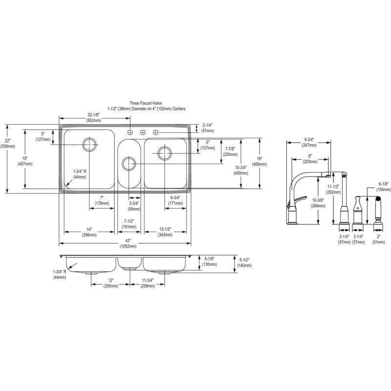 Lustertone 43" L x 22" W Triple Basin Drop-in Kitchen Sink with Faucet Kit
