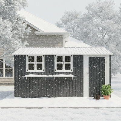 Remise de rangement extérieure en métal 12 x 10 pi avec 3 fenêtres transparentes et un support à fleurs décoratif, une porte à outils verrouillable à une porte, une remise de jardin imperméable et résistante aux intempéries pour la cour de patio, gris charbon