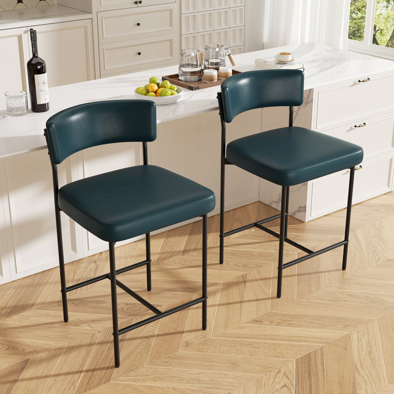 Modern Metal Frame Upholstered Faux Leather Dining Chair With Comfort Backrest, Dark Blue