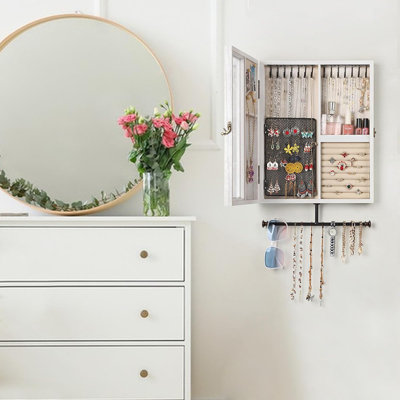Wall Mounted Jewelry Organizer – White – Rustic Wood Large Space Jewelry Cabinet, Holder And Storage Box For Necklaces, Earrings, Bracelets, Rings, And Accessories
