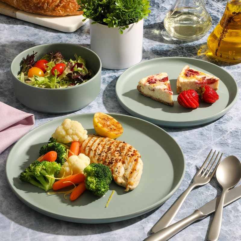 Ebern Designs Diedri Crest 12 Piece Stackable Melamine Dinnerware Set in Sage