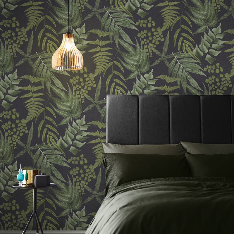 Midsummer Fern Floral Wallpaper Double Roll, Black/Green