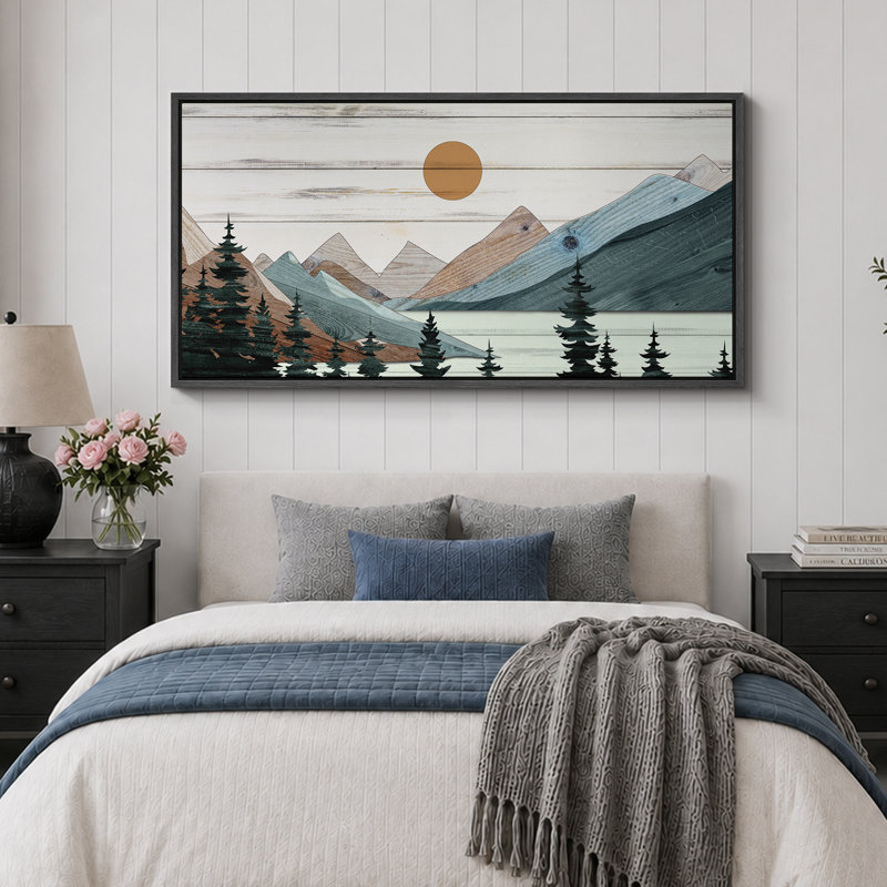 Western Wood Effect Landscape " Tranquil Wood Effect Mountain Sunset Modern Art Vintage Landscape Extra Large Pictures "