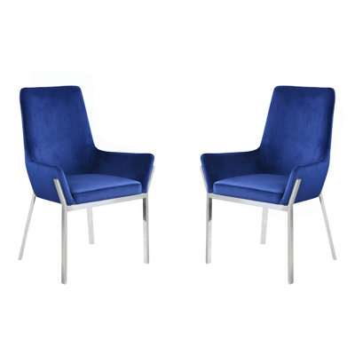 Ensemble de 2 chaises d'appoint rembourrées en velours bleu au fini argenté miroir