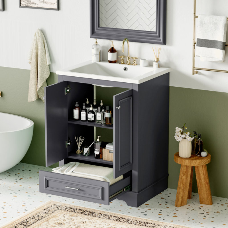 24'' Bathroom Vanity With Ceramic Sink Combo, Modern Freestanding Storage Cabinet  With Silver Handles,  Soft Closing Doors