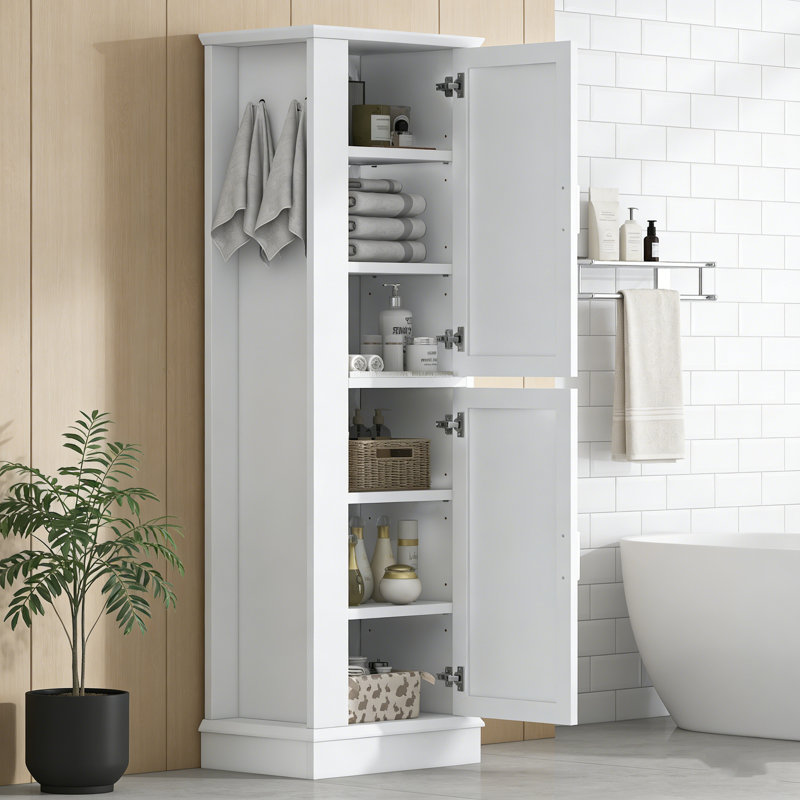 Premium Tall Freestanding Bathroom Cabinet - Hook & Adjustable Shelf, Durable MDF, White