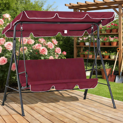 Stable Steel Swing Chair With Three - Seat Bench, Cushions, And Blocking Canopy Seater Outdoor Patio Strong Structure, Soft Weather