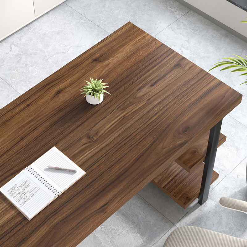 Bureau d'écriture avec rangement en métal Hulstein, H 29,53 po x l 60 po x P 23,62 po, Noyer