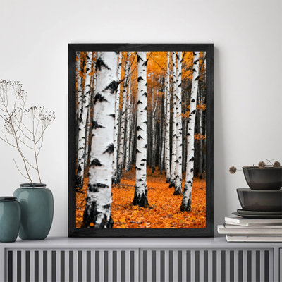Art mural rétro noir encadré forêt de bouleaux d'automne, impressions de style rétro