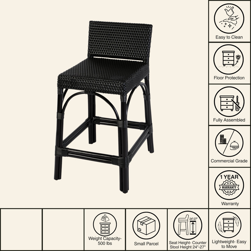 Serienna Blue & White Rattan Low Back Counter Stool, Bar Stool (30" Seat Height), Black