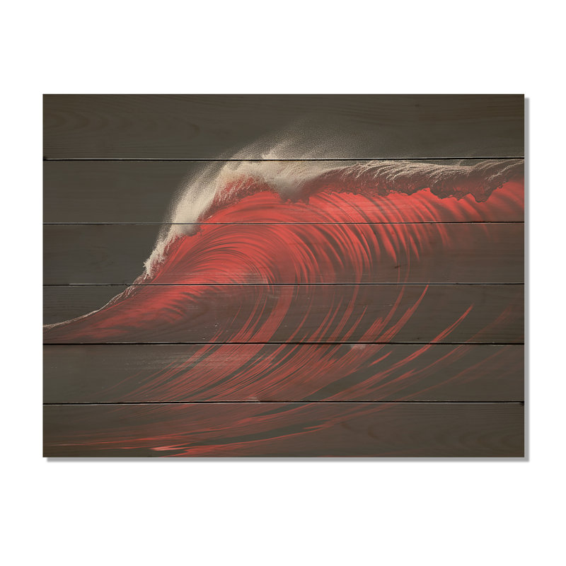 Minimalisme noir, vague rouge, paysage I - art mural en bois côtier sur bois de pin naturel, H 10 po x l 20 po