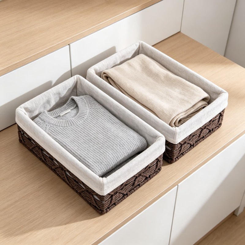 Set of 2 Small Wicker Storage Baskets with Liners, Rectangular Decorative Tray for Coffee Table, Bathroom Countertop Organizer, Kitchen Drawer Organizer