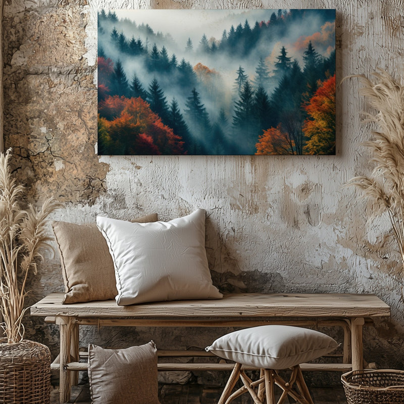 Toile dans une forêt dense recouverte d'une brume éthérée, H 11 po x l 14 po