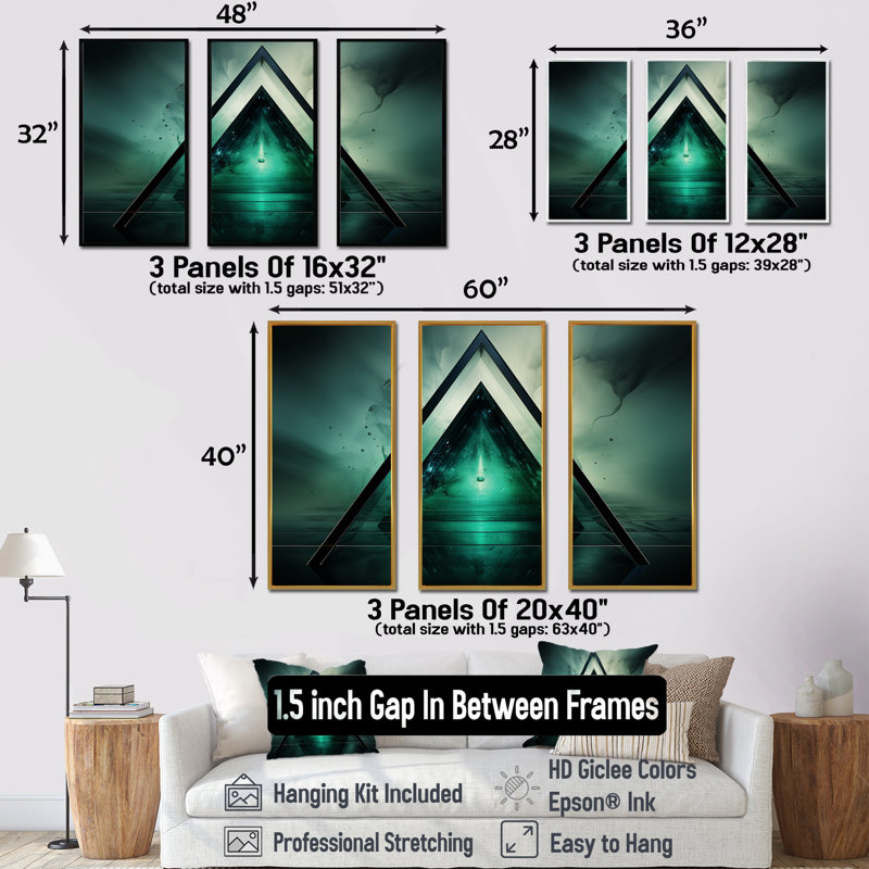 «Green Abstract Echoes Of Pyramid I» - art mural géométrique, Cadre flottant noir, H 32 po x l 48 po x P 1 po