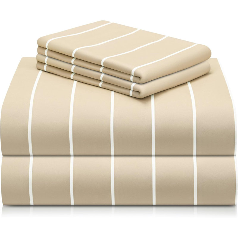 Luxclub 4 PC Cream Striped King Silky Soft Cooling Extra Deep Pocket Performance Sheet Set, King Sheet Set with 2 Pillowcases