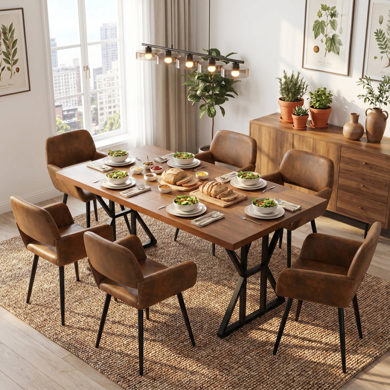 Ensemble de table de salle à manger 7 pièces avec fauteuils rembourrés, table rectangulaire aspect bois et base en métal 7 pièces