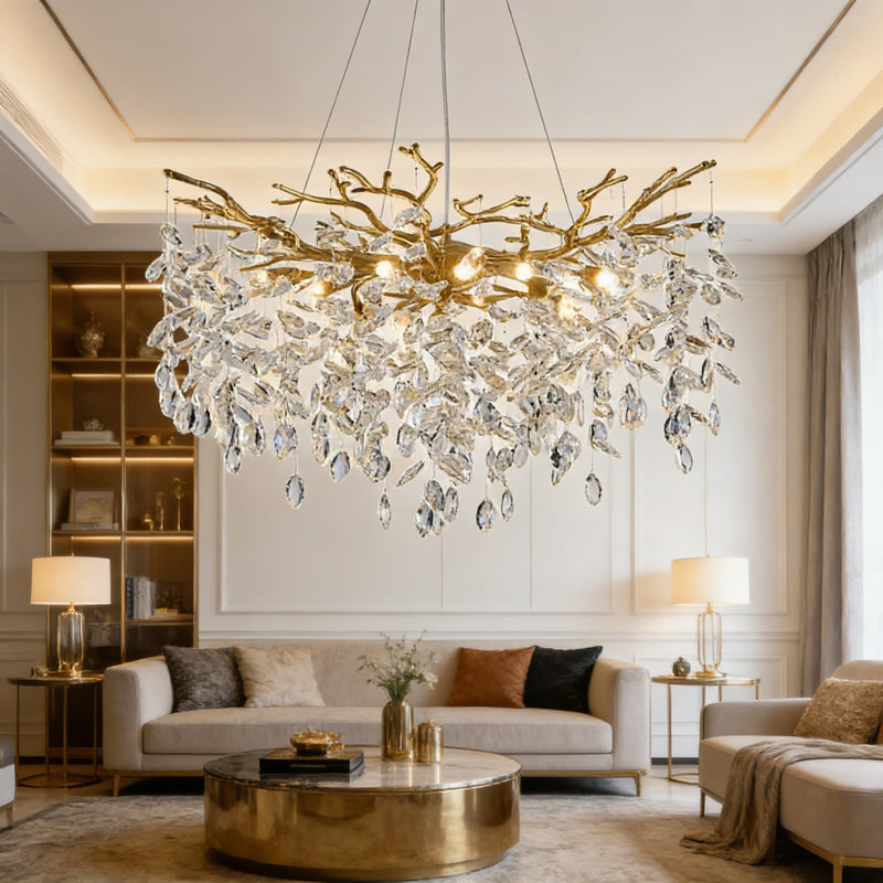 Luminaire de lustre en cristal moderne avec une branche, lustre à DEL doré de luxe de 31,5 pouces pour la salle à manger, l'îlot de cuisine, le salon et la chambre à coucher
