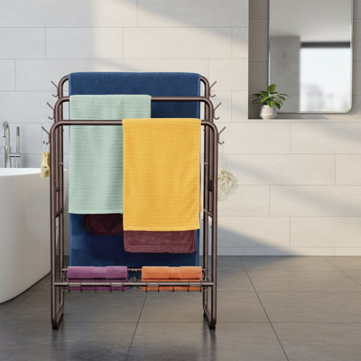 Modern Industrial Style Silver Metal Freestanding Towel Rack, Three Tiers + 2 Storage Baskets + 6 Hooks, Extra-Large Towel Rack, Trapezoidal Blanket Drying And Display Rack, Suitable For Bedrooms And Bathrooms.