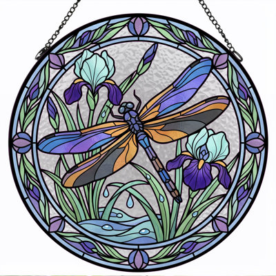 Dragonfly Iris Stained Glass Window Panel，12"H