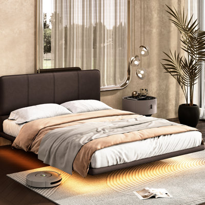 Modern Floating Bed Frame, Led , Coffee Pu Leather Bed, High - Quality Construction, 8 Dynamic Lighting Patterns Color And Resilient, Programs