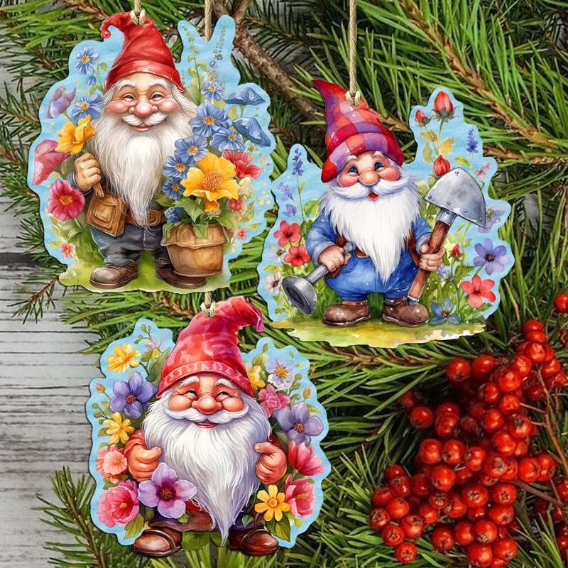 Ensemble de 3 ornements décoratifs en bois Garden Gnomes par G. Debrekht