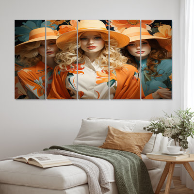 Orange Fashion Hat Women I - Fashion Canvas Print - 5 Equal Panels