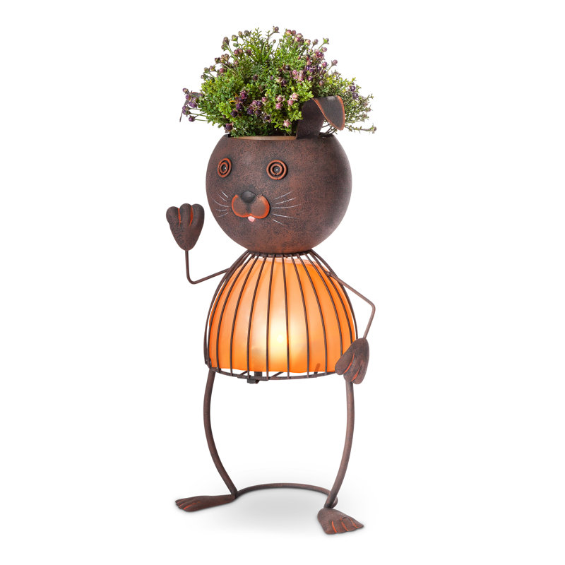 20.87 Inch Whimsical Orange Solar Lighted Metal Rabbit Planter Head