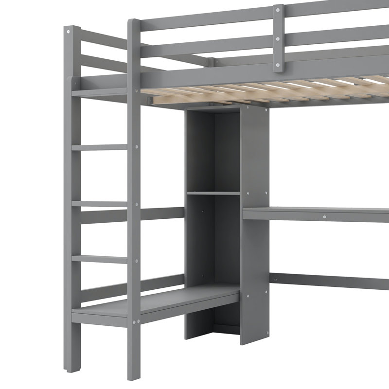 Lit mezzanine double gris avec bureau intégré et tablettes multifonctionnelles, base en bois de pin, structure sans poupée