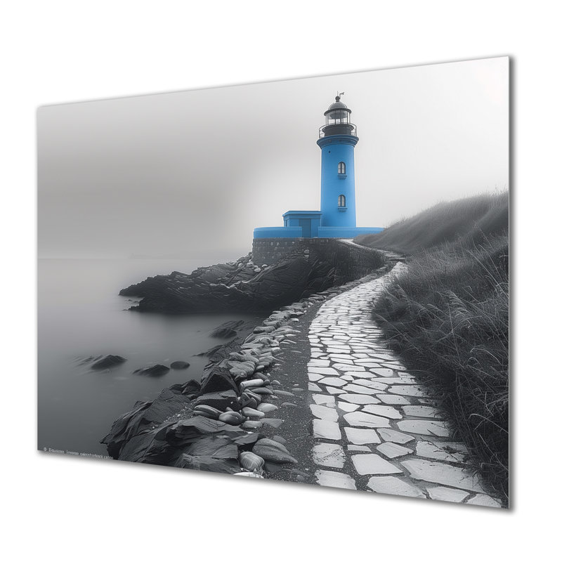 Photo de phare monochrome bleu en hiver II - phares, art mural, Sans cadre, métal, H 24 po x l 32 po