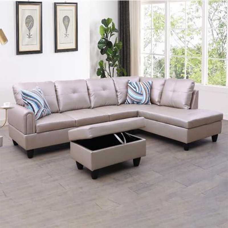 3-Piece Faux Leather Sectional Sofa, Latte Faux Leather