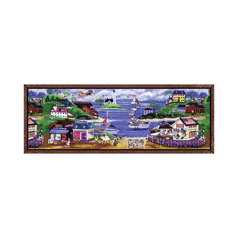 Primitive American Angel And Crazy Quilt Seaside Village by Cheryl Bartley - Panoramic Painting on Canvas