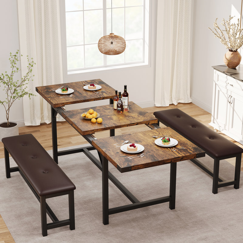 3-Piece Extendable Dining Table Set for 4–6 with 2 Upholstered Benches, Rustic Brown Wood and Metal Table