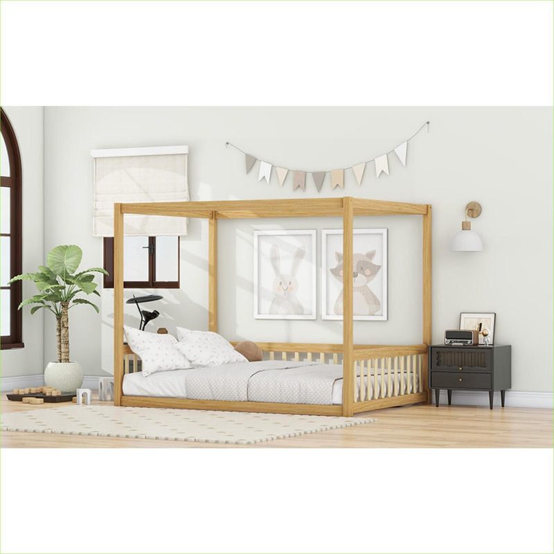Lit double au sol, structure à baldaquin en bois d'hévéa avec garde-corps de sécurité, idéal pour la chambre à coucher