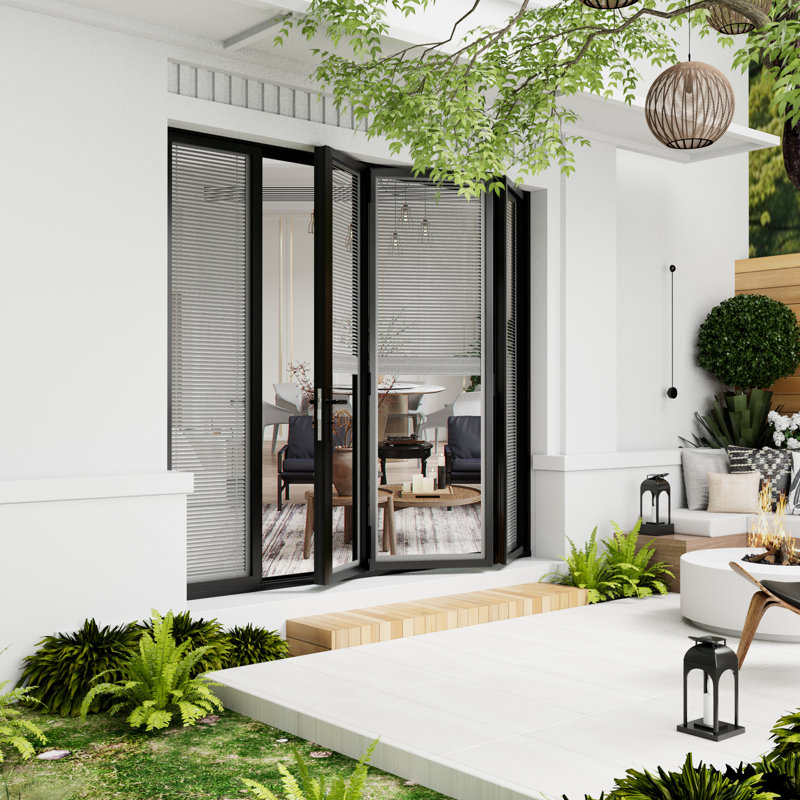 Porte de patio pliante double en aluminium en verre trempé noir 120 po x H 80 po avec persiennes 3 + 1, L 120 po x H 80 po