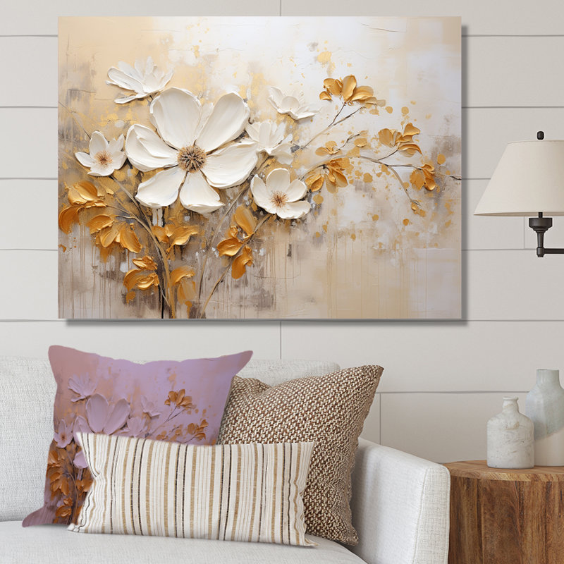 Fleurs saisonnières beiges et dorées en fleurs - Fleurs murales saisonnières, Toile tendue, 24" H x 32" W