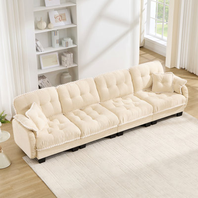 Chenille Cloud 4-Seater Sofa With 4 Pillows, Pom-Pom Trim Quilted Tufted Cushion Ergonomic Design, Easy Assembly Deep Seat Couch For Living Room Office, Apartment