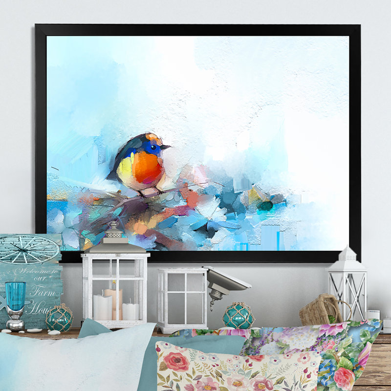 «Paintbrush Orange and Turquoise Bird», reproduction sur toile flottante, Cadre photo noir, H 24 po x l 36 po x P 1 po