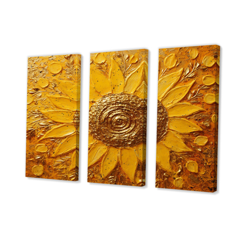 Golden Radiant Sunflower Blooming, ensemble de salon art mural tournesol, H 32 po x l 48 po x P 1 po
