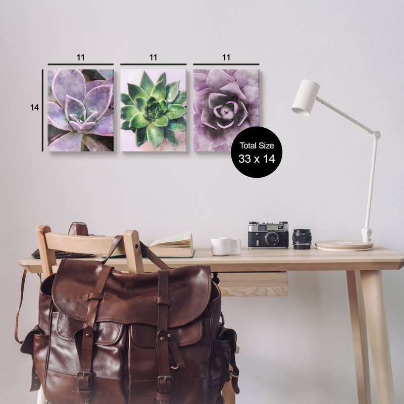 Ensemble de 3 reproductions d'art sur toile mauve, H 14 po x l 11 po x P 1,5 po, Toile tendue