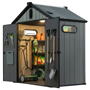 Plexalife 6×4 Heavy-Duty Outdoor Resin Storage Shed with Custom-Fit Solar Light Included Windows & Double Doors, Weatherproof & UV-Resistant Garden and Tool Shed with Metal Reinforcement & Ventilation