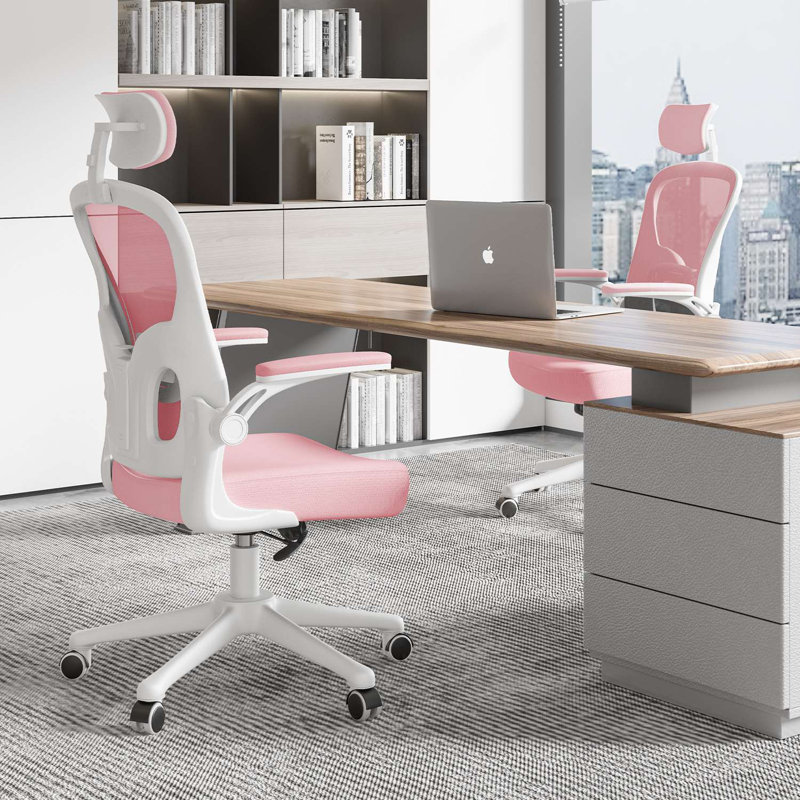 Mesh Office Chair with Headrest, White/Pink