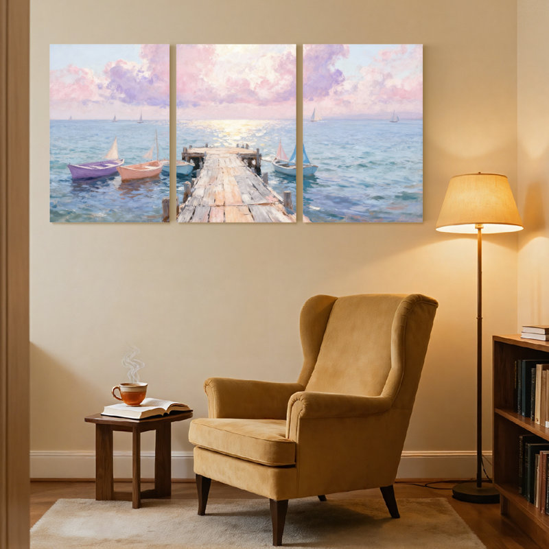 Plage, coucher de soleil, quais, eau, ciel, réflexion, scène paisible, ensemble de 3 impressions sur toile, H 18 po x l 36 po