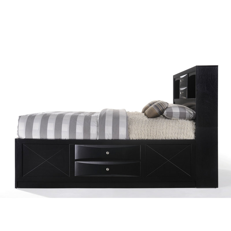 Lit de rangement double en noir, design - 8 tiroirs, sans sommier, technique de fabrication du bois noir avec option, méthode et procédé unissant