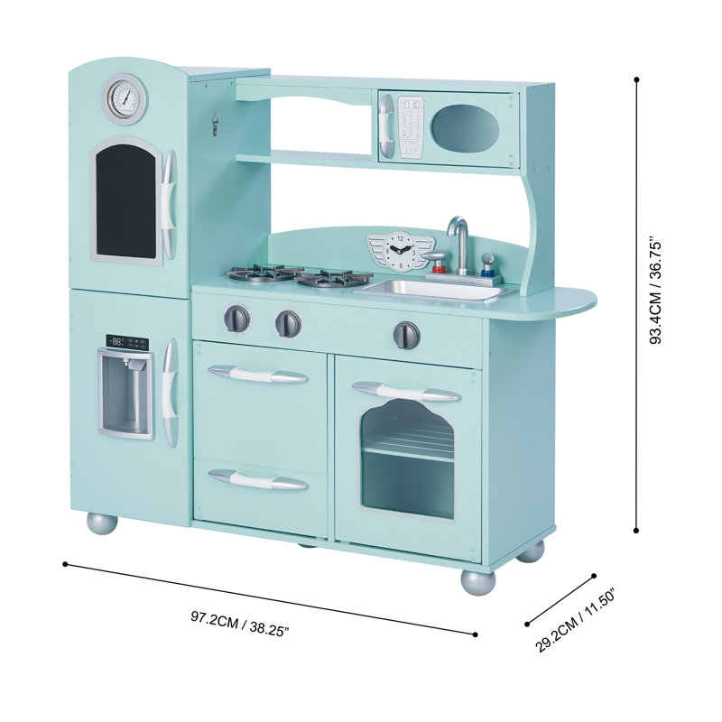 Teamson Kids Retro Wooden Play Kitchen with Chalkboard, Pretend Icemaker & Accessories, Mint