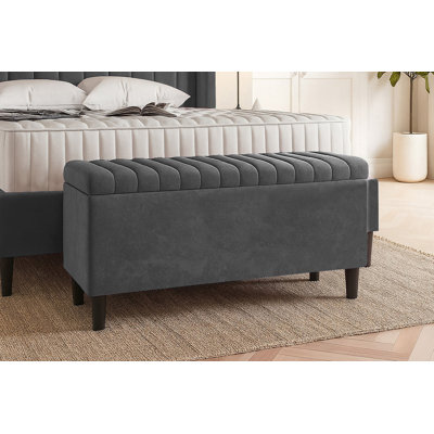 Plush Velvet Lined Upholstered Ottoman Storage Box with Wooden Legs