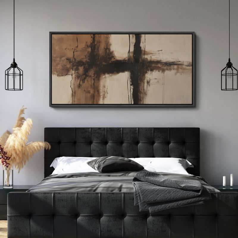 Rustic Cross-Form Brushstroke Abstract in Brown and Black – Large Framed Canvas Master Bedroom Wall Art Print, Black