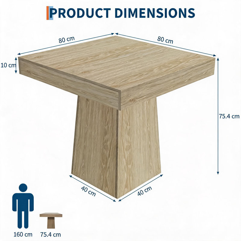 80 cm Square Dining Table for 4 with Thick Wood Effect Top and Pedestal Base for Small Kitchens and Apartments