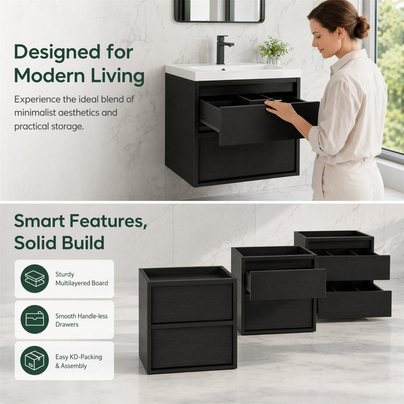 24" Wall Mounted Floating Vanity Base Only (No Sink), KD Packing, 2 Drawers
