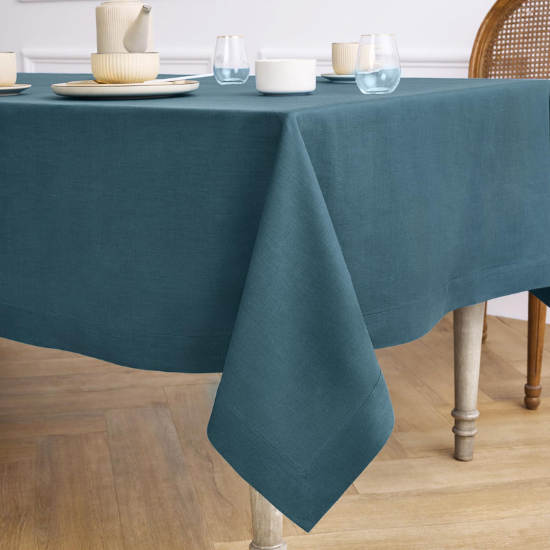 100% Pure Linen Tablecloth - Fete, 132" L x 60" W, Peacock Blue