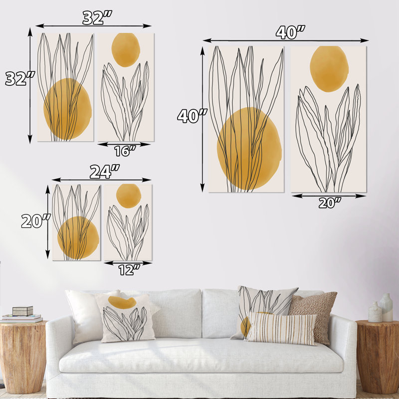 «Yellow Botanical Abstract Leaves I», ensemble de 2 peintures, Toile tendue, H 20 po x l 24 po x P 1 po
